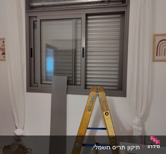 חלון עם תריסים אפורים, סולם עץ ליד החלון